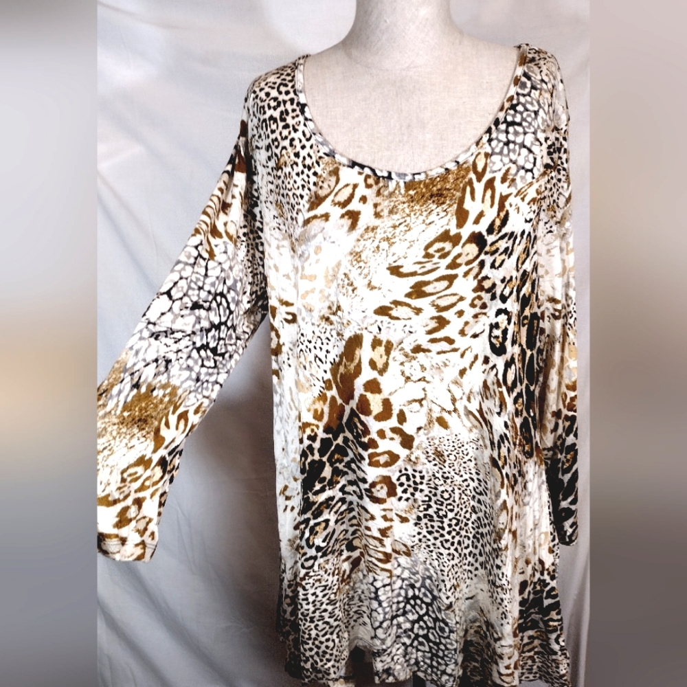Cupio TAG Leopard Print Top, 3/4 Sleeve, round neck, browns& white,  XL/14